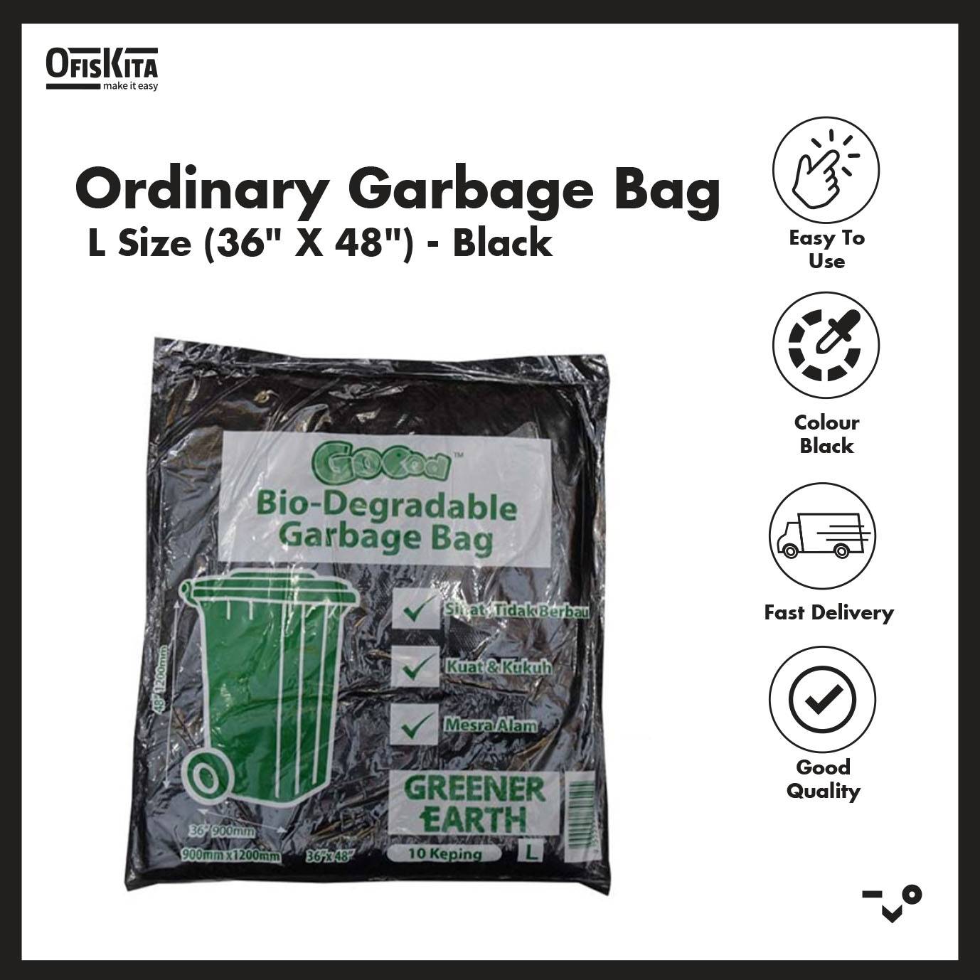Ofiskita Ordinary Garbage Bag L Size (36" X 48") Black